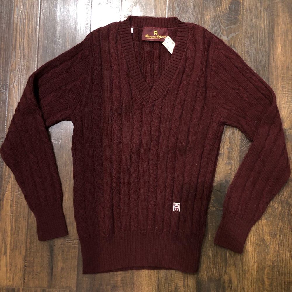 NWT Vintage 80’s Etienne Aigner Cable Knit Sweater Maroon Size Small V Neck